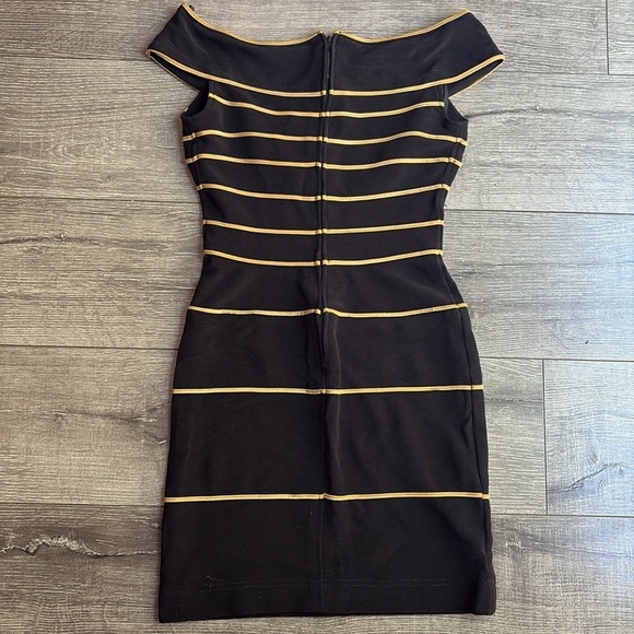 Tadashi Shoji Bodycon Gold And Black Scuba Knit Mini Dress, NWT - Picture 3 of 7
